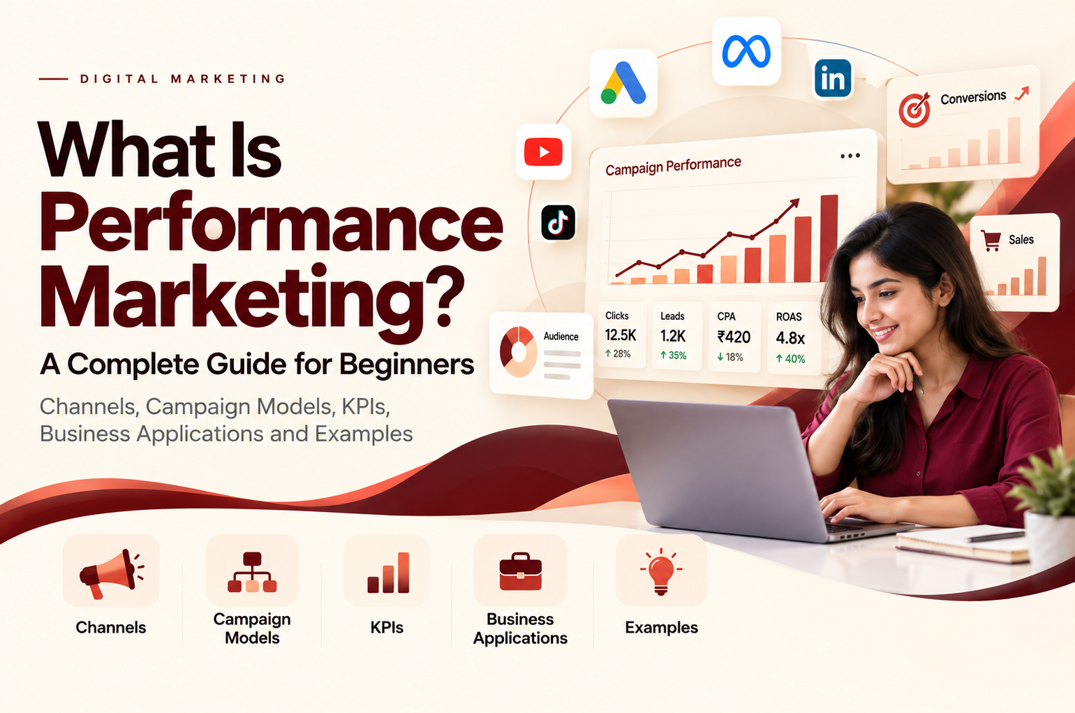 Illustration explaining performance marketing channels, campaign measurement and digital advertising KPIs